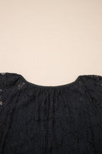 Black Floral Lace Overlay Tassel Tie Short Sleeve Beach Vacation Loose Maxi Dress