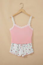 Pink Ribbed Knit Lace Straps Patchwork Lettuce Hem Cropped Top Floral Short Lounge Set