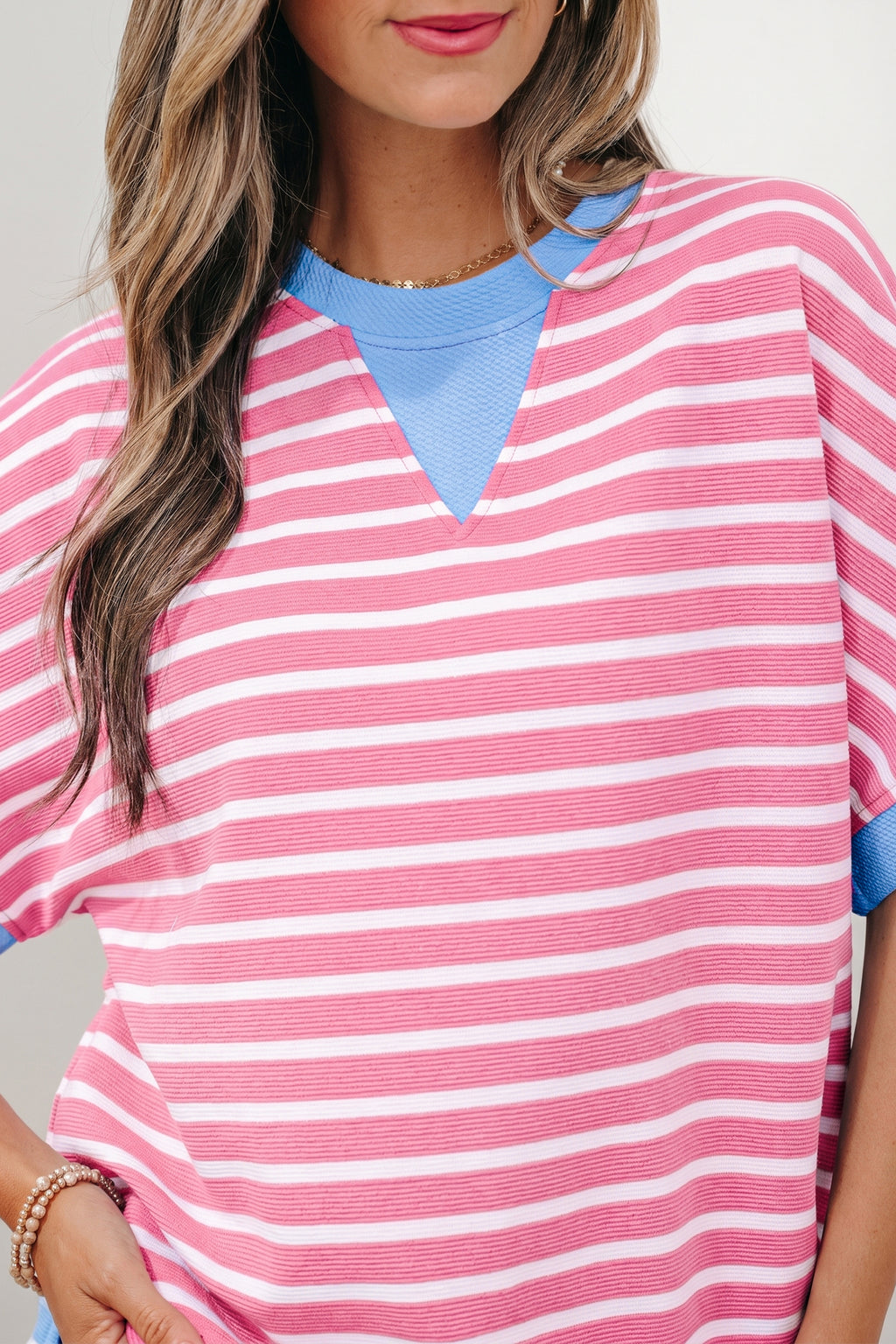 Striped Contrast Trim Loose Short Sleeve Top
