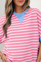 Striped Contrast Trim Loose Short Sleeve Top