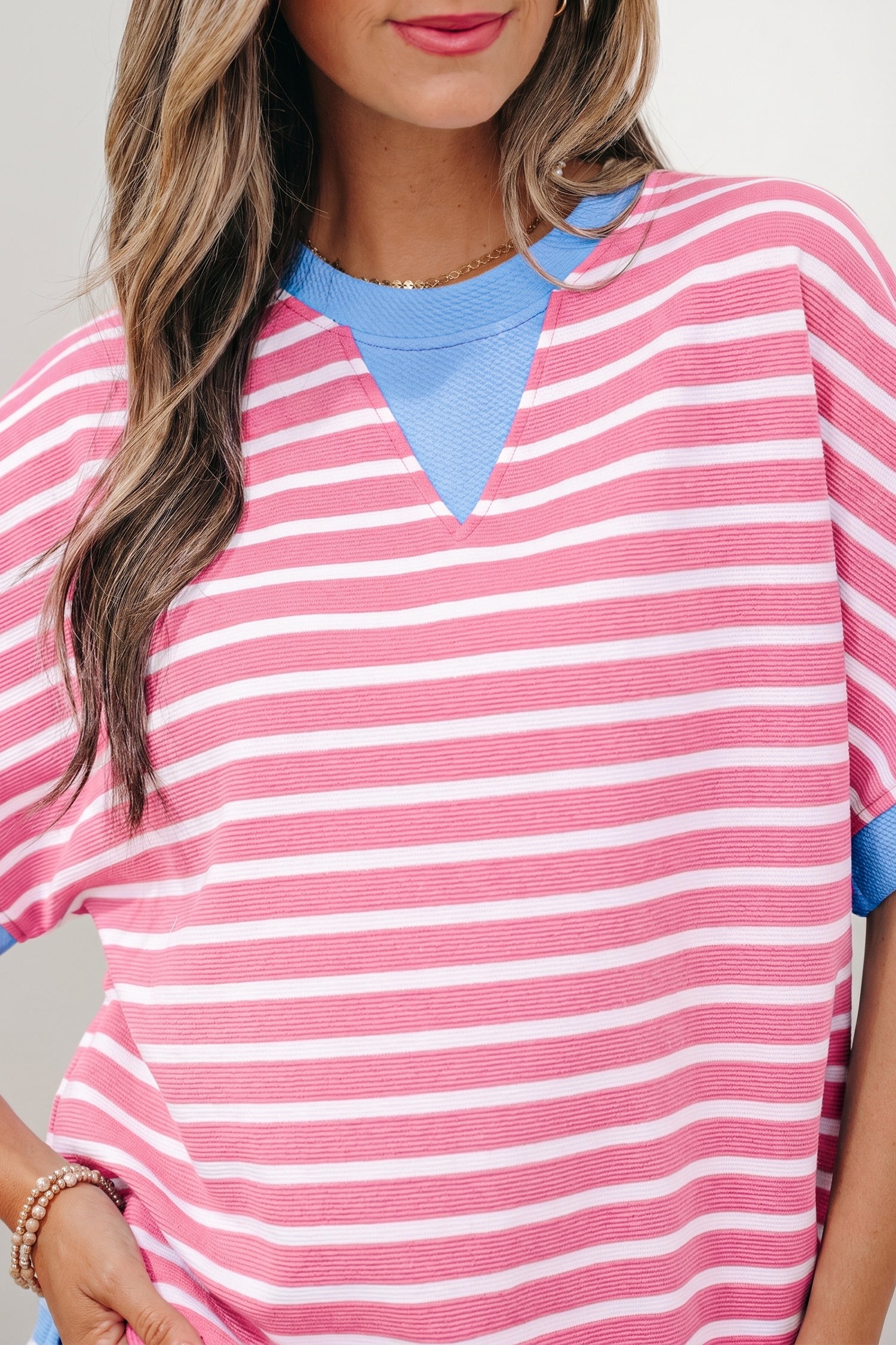 Striped Contrast Trim Loose Short Sleeve Top