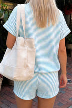 Striped Cuffed Sleeve Contrast Mock Neck Tee Casual 2pcs Short Set