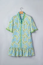 Sky Blue Botanical Floral Print Frilled Trim V Neck Button Front Loose Dress