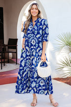 Blue Wild Floral Print Frilled Collar Half Sleeve Long Dress