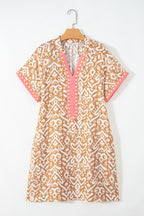 Khaki Western Fashion Print Striped Color Block Patchwork Shift Mini Dress