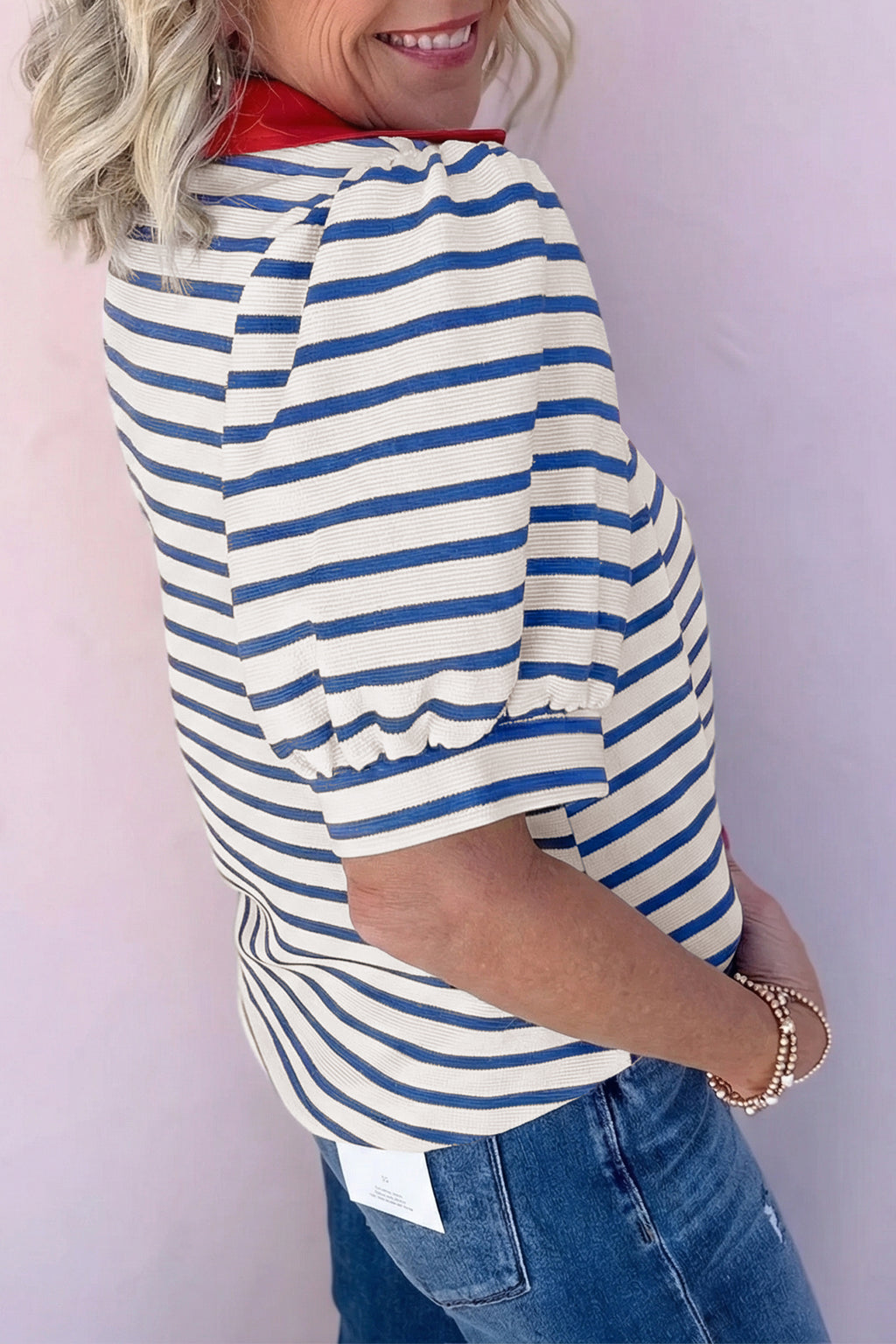 Striped Short Puff Sleeve Colour Block Polo Collar Blouse