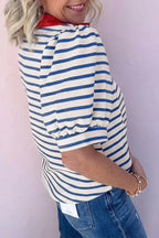 Striped Short Puff Sleeve Colour Block Polo Collar Blouse
