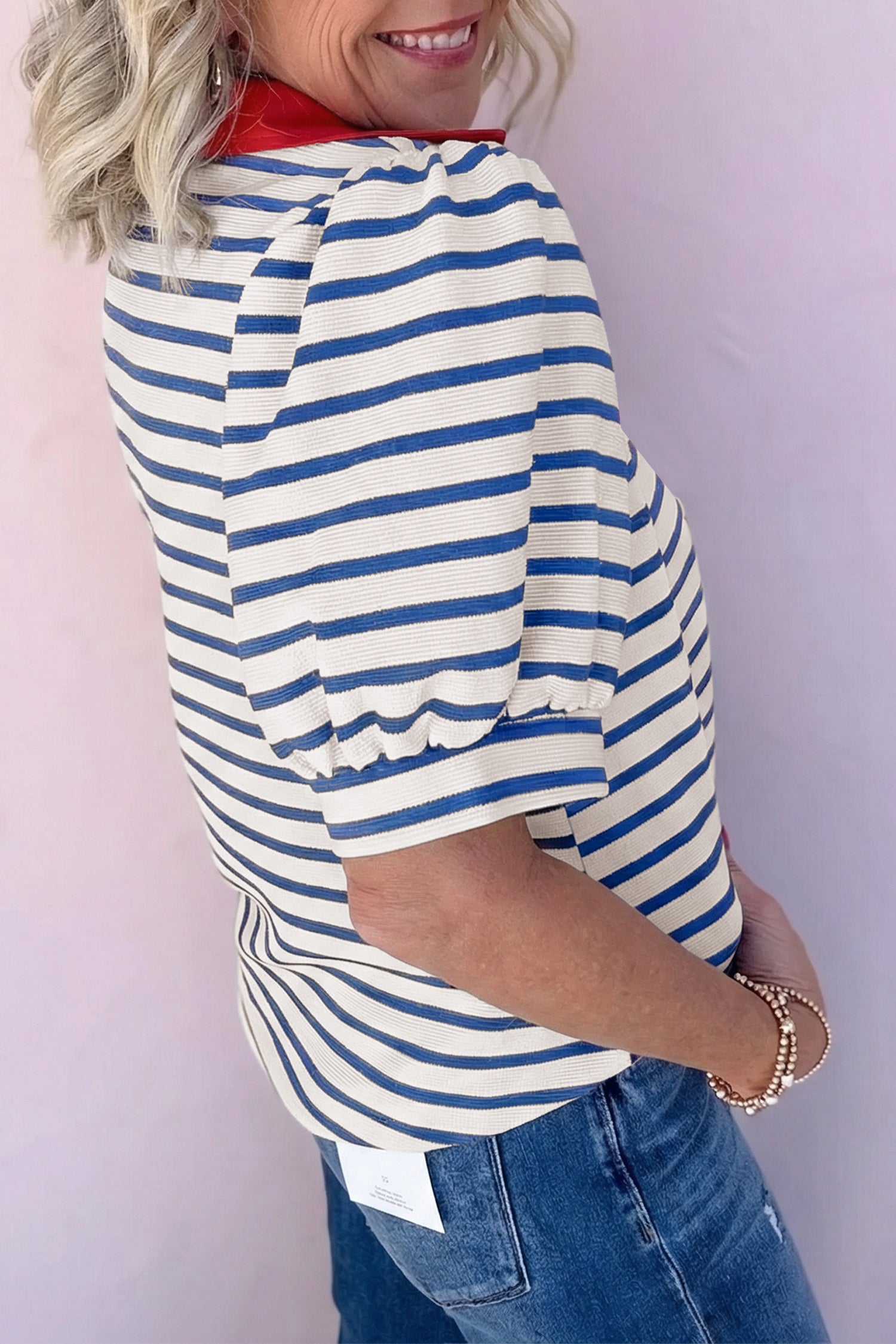 Striped Short Puff Sleeve Colour Block Polo Collar Blouse