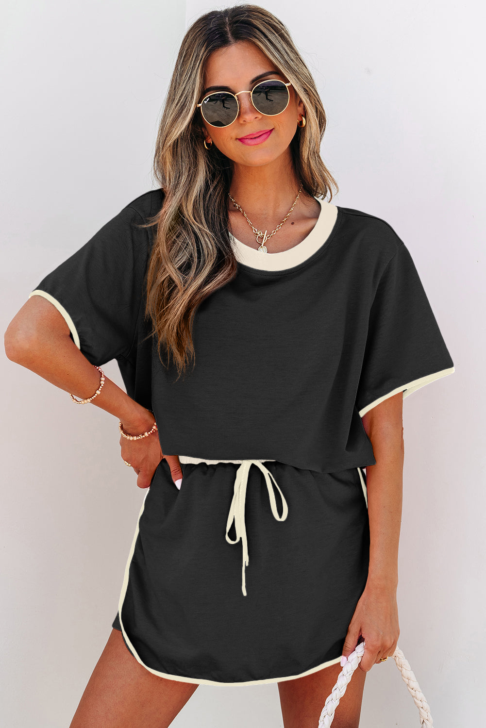 Color Block Edge Drop Shoulder T Shirt and Skort 2Pcs Set