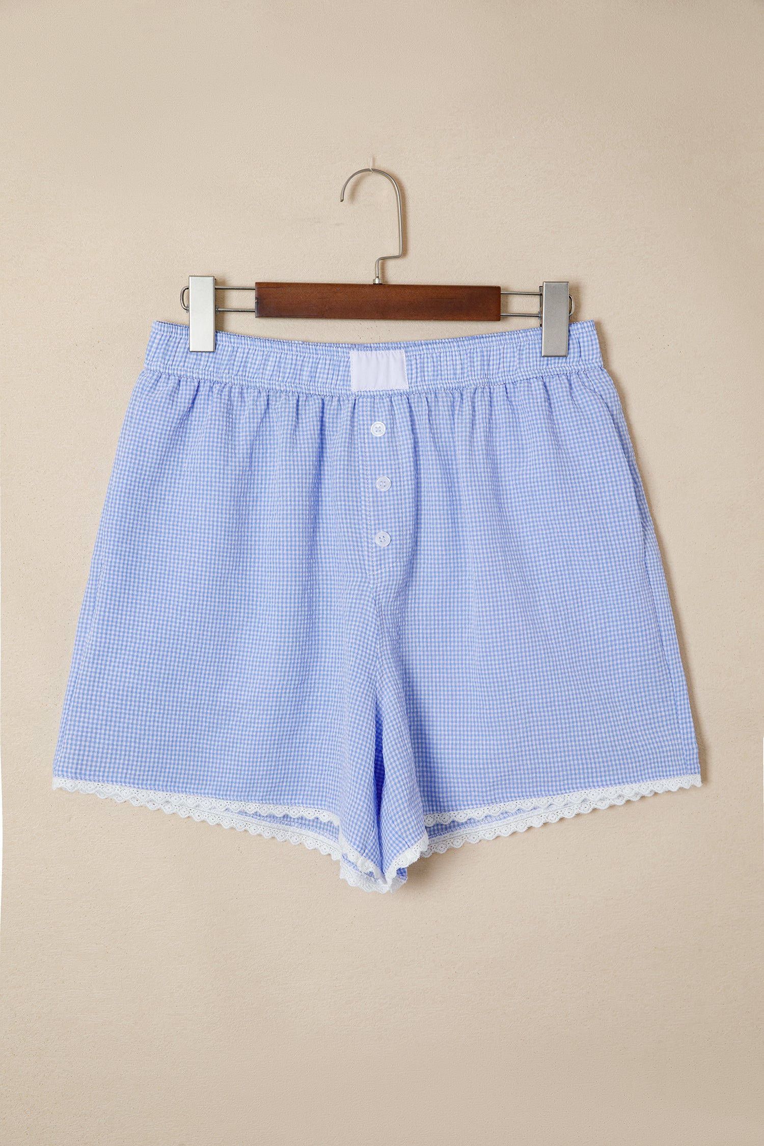 Sky Blue Gingham Plaid Button Detail Lace Trim Boxer Shorts