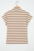 Khaki Stripe Mock Neck Short Sleeve Loose Top