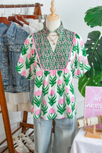 Multicolour Floral Print Puff Sleeve Contrast Bordered V Neck Blouse