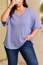 V Neck Short Sleeve Plus Size Waffle Knit Top