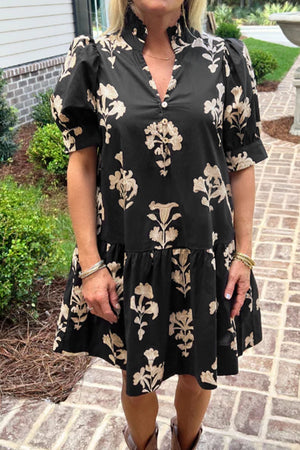 Frilled V Neck Puff Short Sleeve Floral Mini Dress