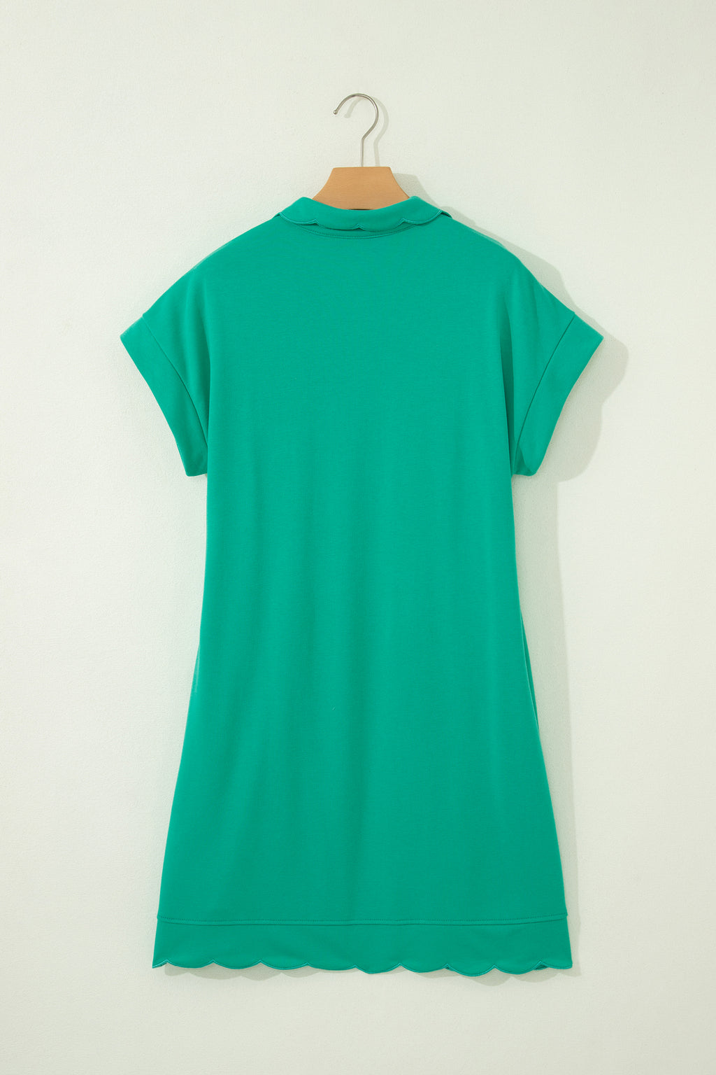 Solid Color Snap Button Polo Collar Short Sleeve Scallop Hem Mini Dress