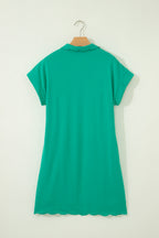 Solid Color Snap Button Polo Collar Short Sleeve Scallop Hem Mini Dress