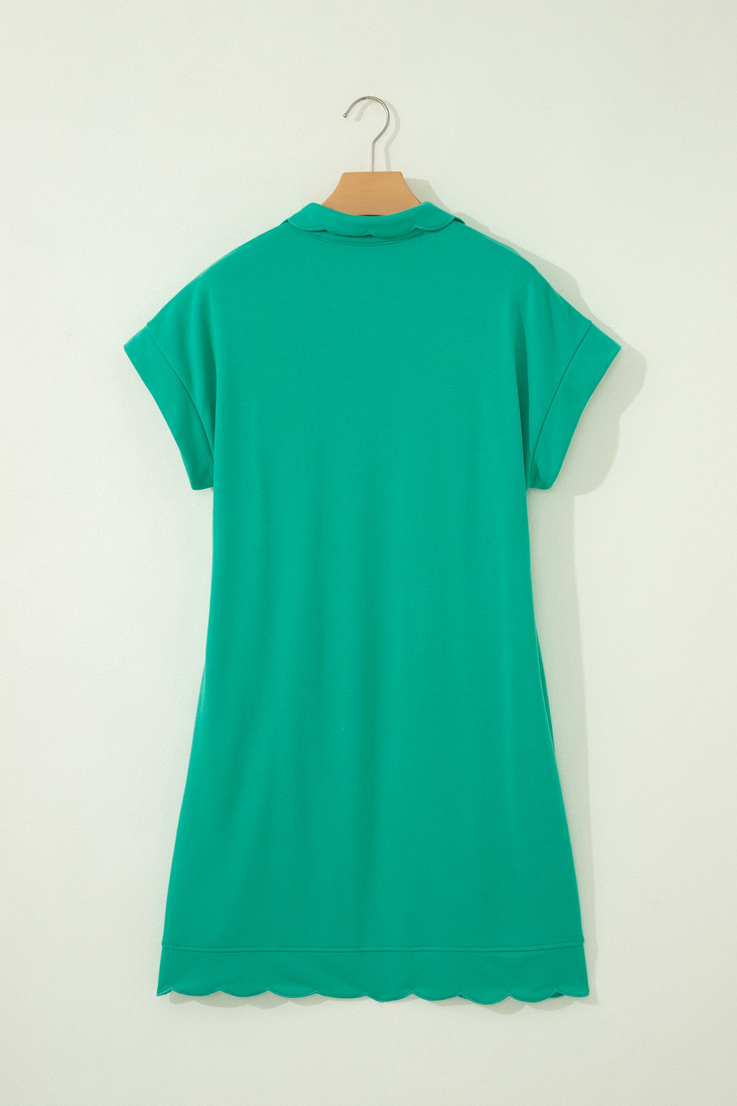 Solid Color Snap Button Polo Collar Short Sleeve Scallop Hem Mini Dress