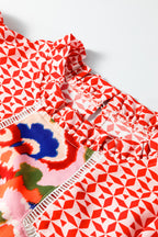 Red Paisley Geometric Mixed Print Patchwork Puff Sleeve Blouse Top