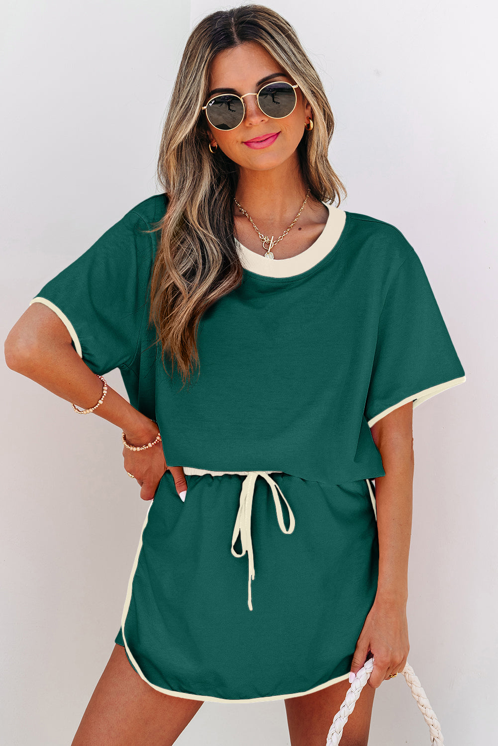Color Block Edge Drop Shoulder T Shirt and Skort 2Pcs Set