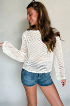 Scalloped Trim Hollow Out Knit Long Sleeve Top