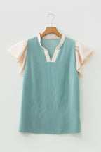 Plus Size Contrast Frilled Neckline Ruffled Short Sleeve Ribbed Textured Blouse