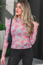 Slim Fit Floral Mesh Long Sleeve Mock Neck Top