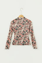 Retro Floral Print Mock Neck Mesh Long Sleeve Top