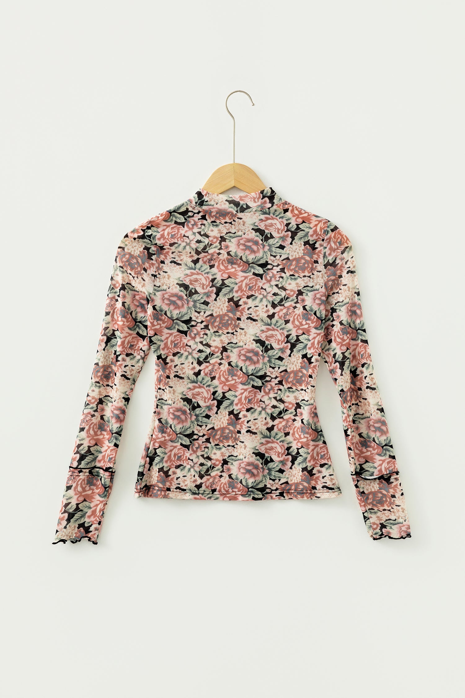 Retro Floral Print Mock Neck Mesh Long Sleeve Top