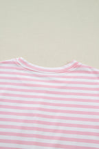 Pink Stripe Drop Shoulder Round Neck Top and Buttoned Straight Pants Two Piece Set