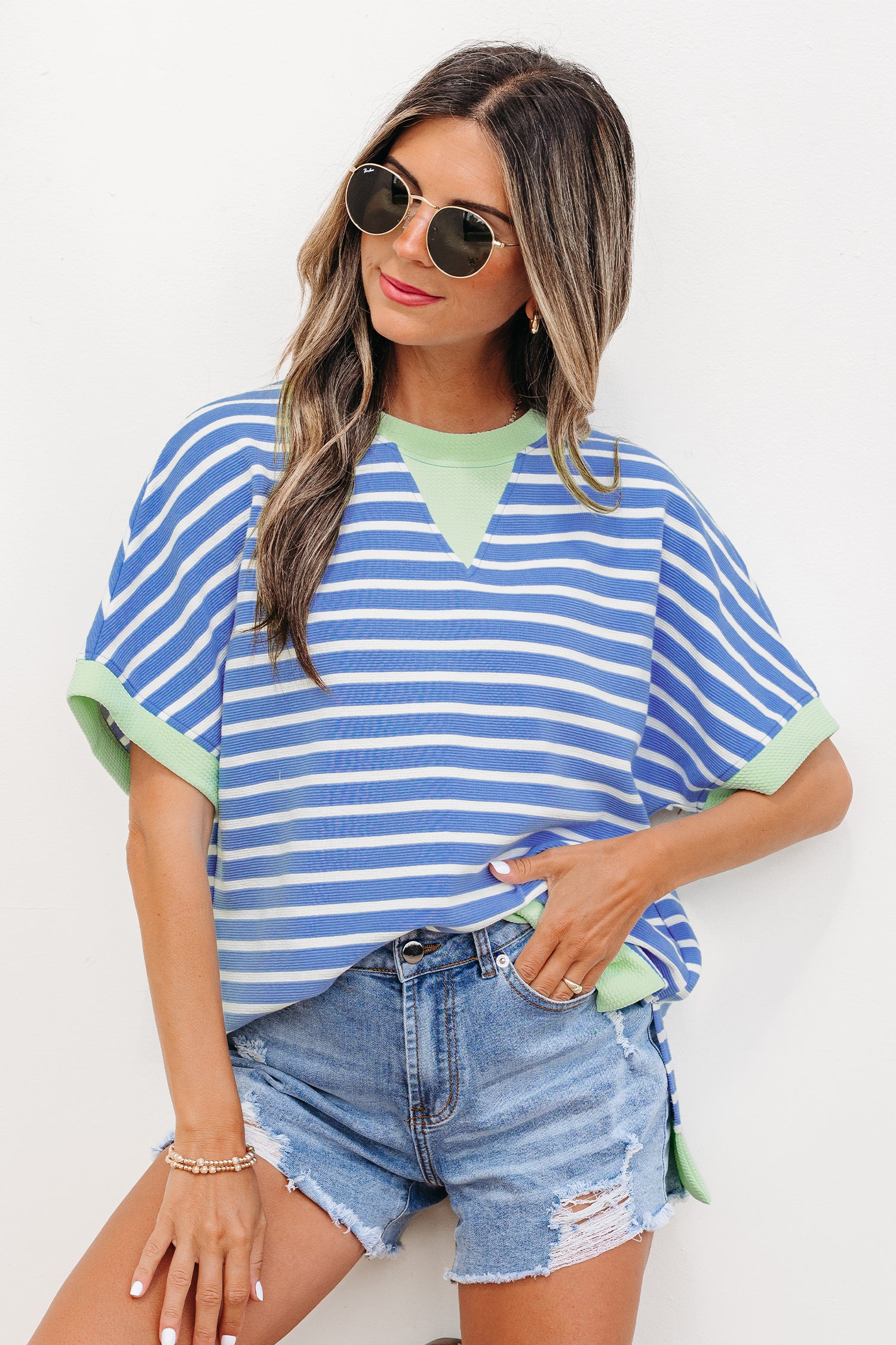 Striped Contrast Trim Loose Short Sleeve Top