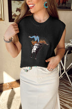 Western Cowboy Embroidery Round Neck Sleeveless Sweater