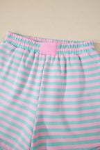 Striped Color Block Detail Long Sleeve Pullover Elastic Waist Pull On Shorts 2pcs Set