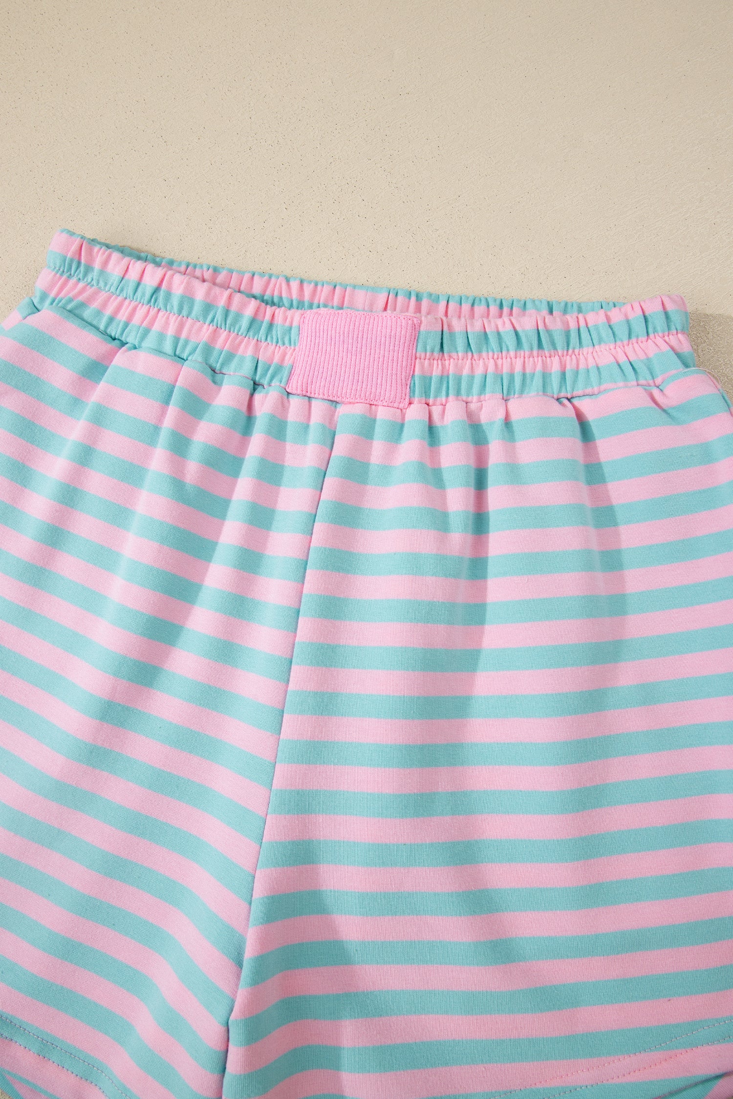 Striped Color Block Detail Long Sleeve Pullover Elastic Waist Pull On Shorts 2pcs Set