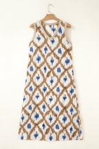 Khaki Boho Abstract Print V Neck Sleeveless Long Dress
