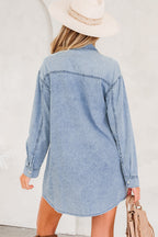 Chest Pocket Raw Hem Denim Loose Shirt Dress