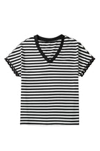 Black Striped Print V Neck Delicate Trim Casual Tee