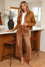 Thai Curry Solid Color Faux Suede Hollowed Detail Retro Style Jacket