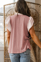 Plus Size Contrast Frilled Neckline Ruffled Short Sleeve Ribbed Textured Blouse