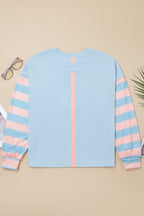 Beau Blue Big Flower Patch Drop Shoulder Striped Long Sleeve Top