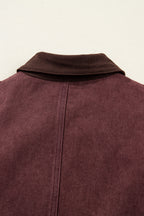 Coffee Corduroy Collar Zipped Front Denim Jacket