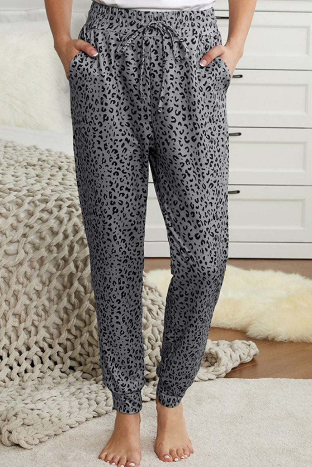Grey Leopard Elastic Waist Casual Joggers