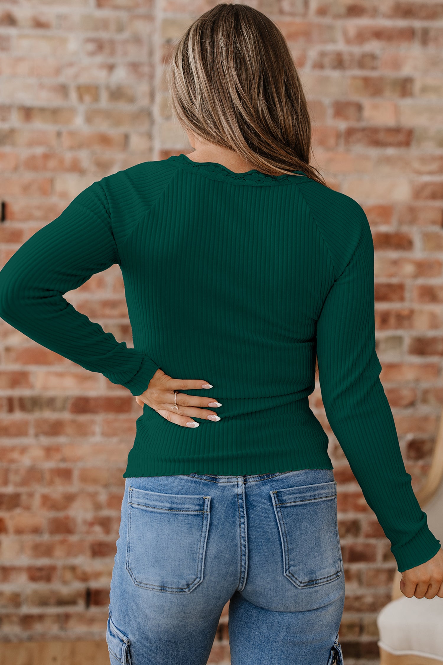 Lace Neckline Button Decor Lettuce Edge Long Sleeve Ribbed Top