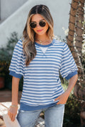Striped Short Bubble Sleeve T Shirt