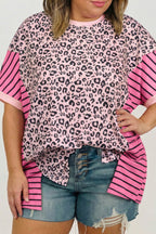 Pink Leopard Striped Contrast Patchwork Plus Size Tee