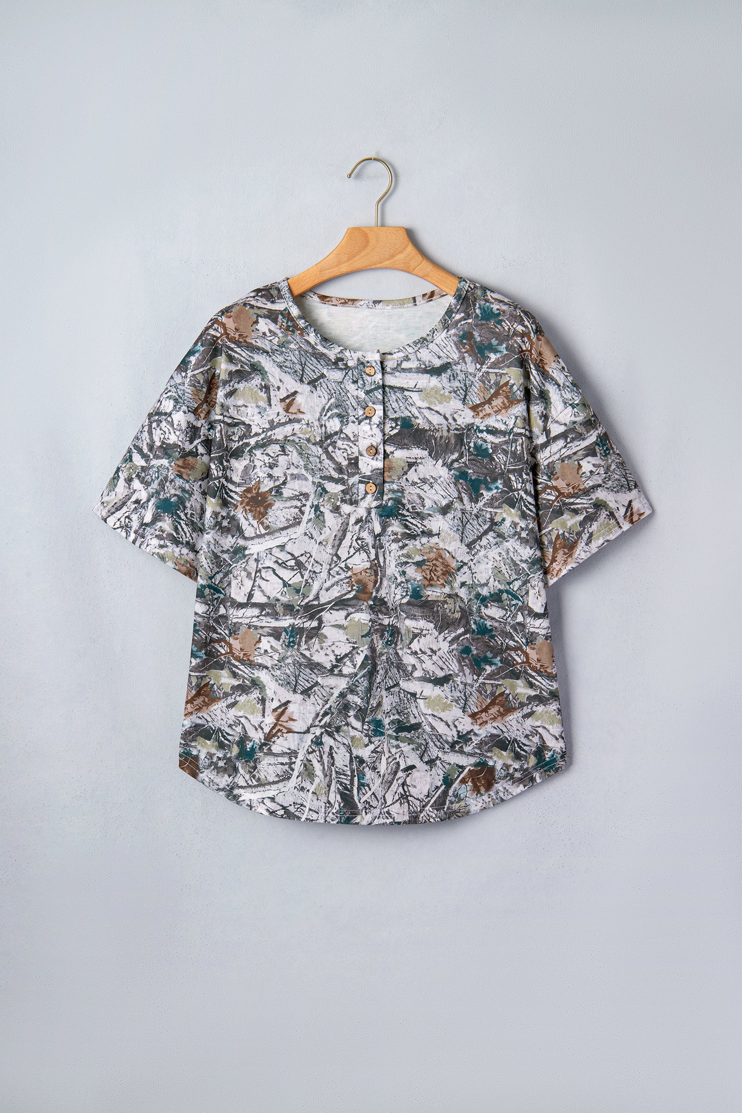Grey Abstract Woodland Print Tunic Henley T Shirt