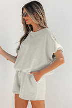 Solid Colour Puffy Loose Top Drawstring Shorts 2pcs Outfit