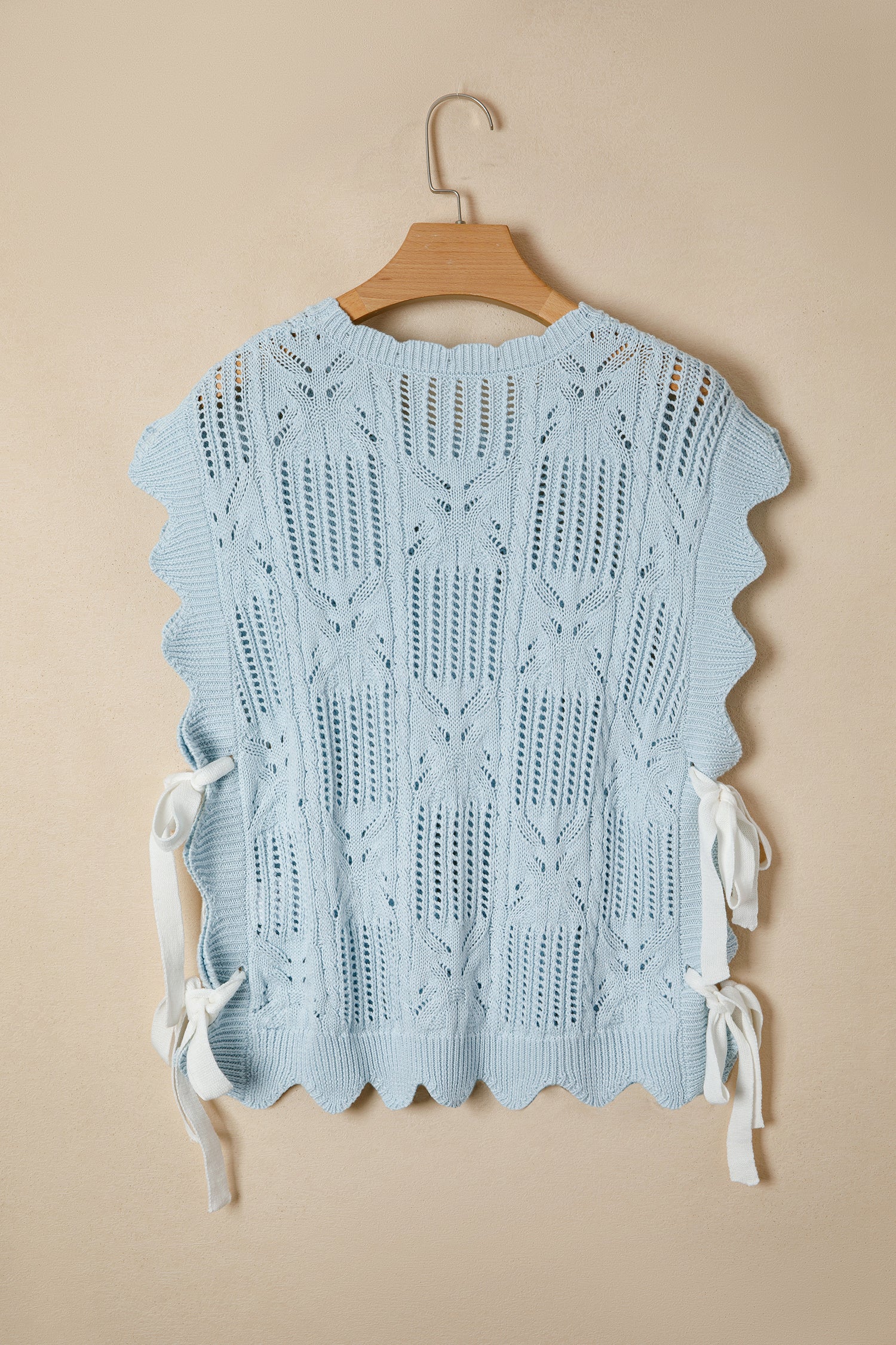 Pointelle Knit Patterned Scalloped Trim Short Sleeve Sweater