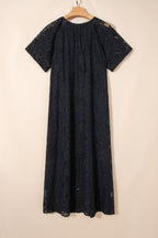 Black Floral Lace Overlay Tassel Tie Short Sleeve Beach Vacation Loose Maxi Dress