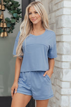 Solid Color Contrast Textured Patchwork Raw Edge 2pcs Short Set
