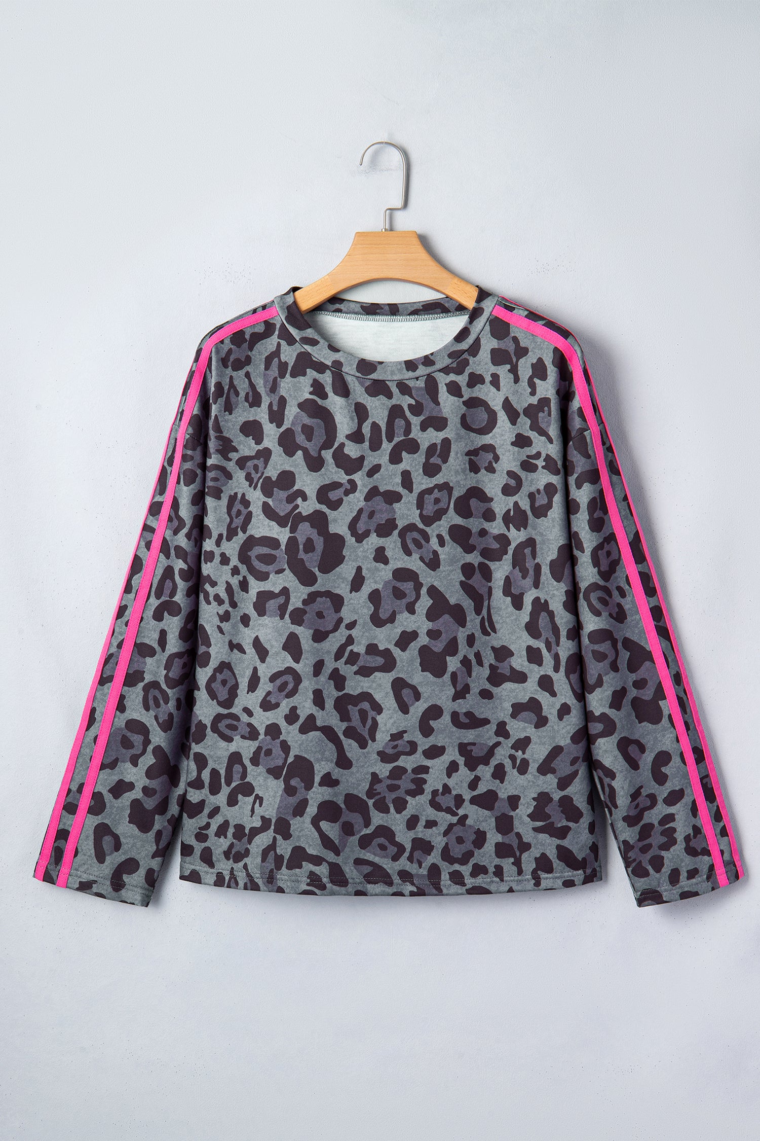 Leopard Print Varsity Striped Trim Long Sleeve Top